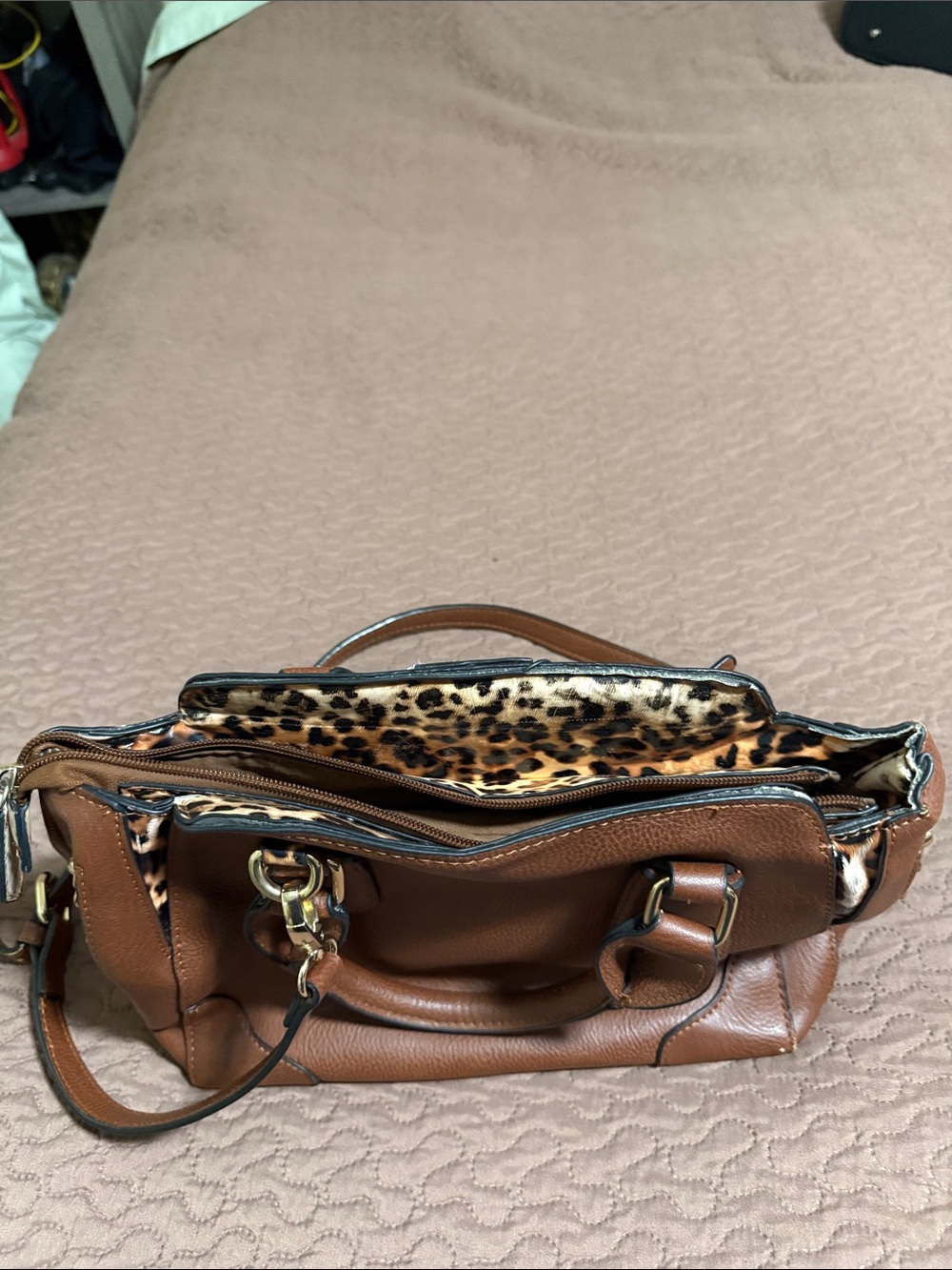Classic Brown Concealed Carry Leather Satchel with Leopard Trim